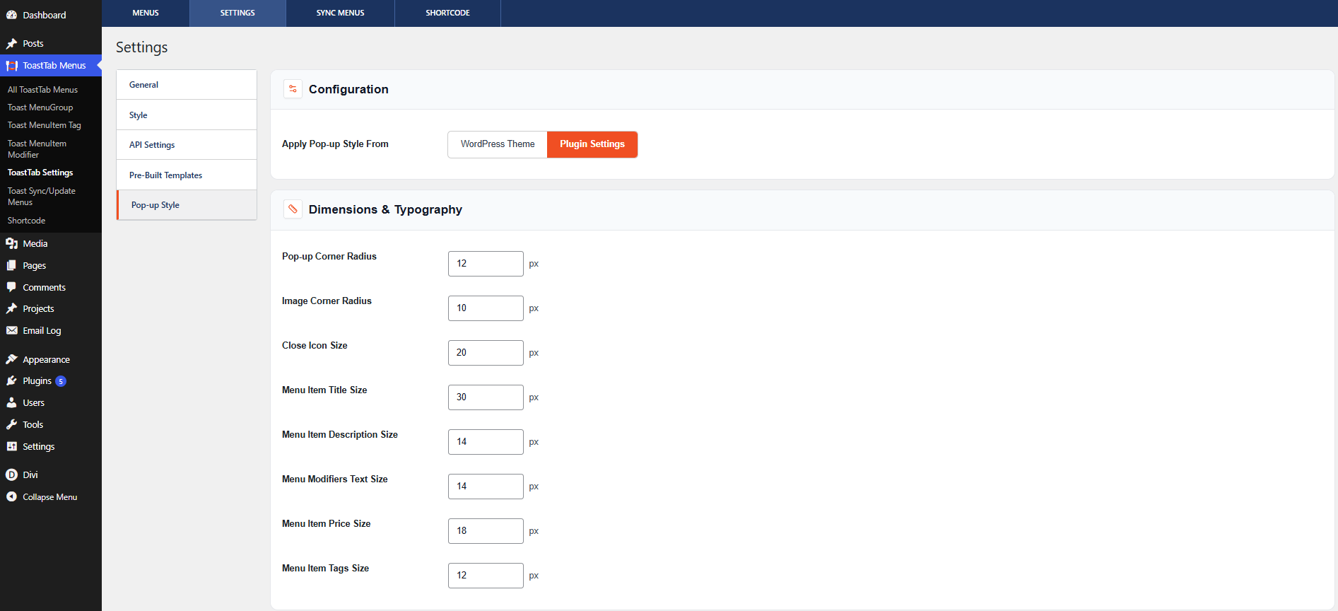 Pop-up Style Settings panel