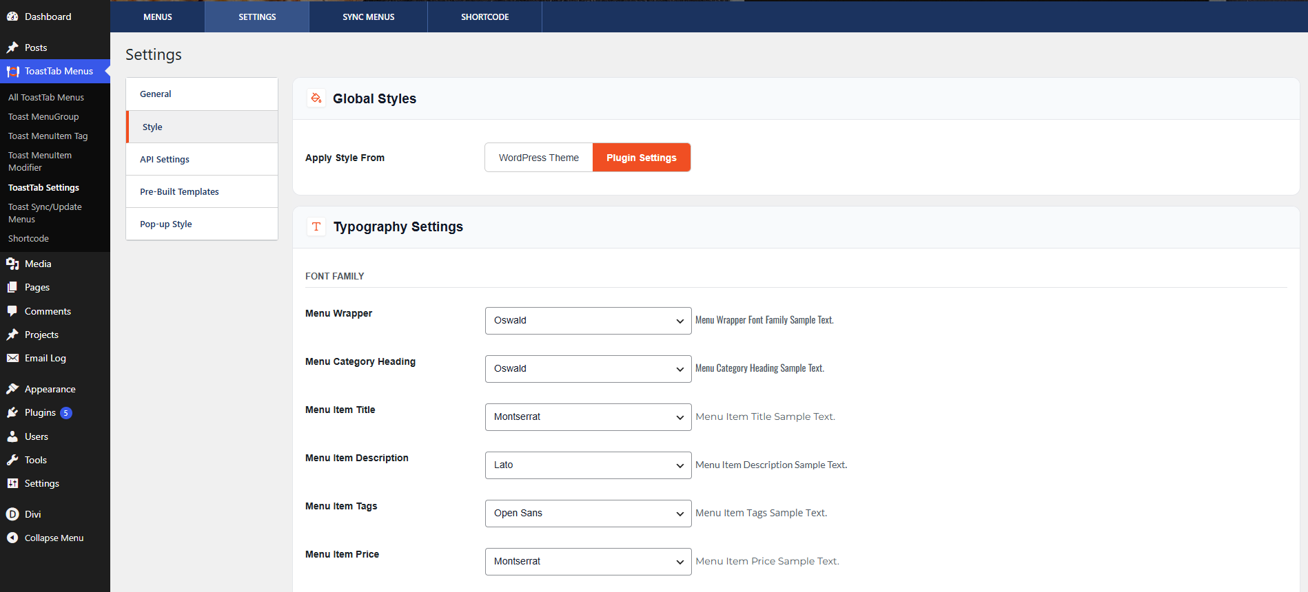 Style Settings tab