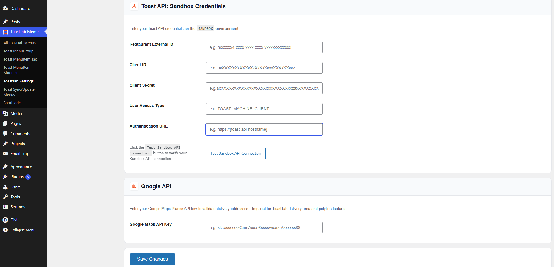 API Settings — Sandbox Credentials