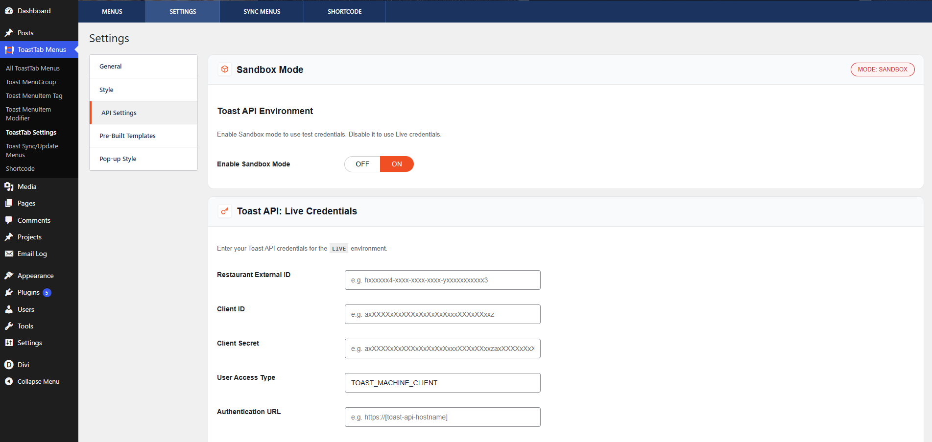 API Settings — Sandbox Mode and Live Credentials